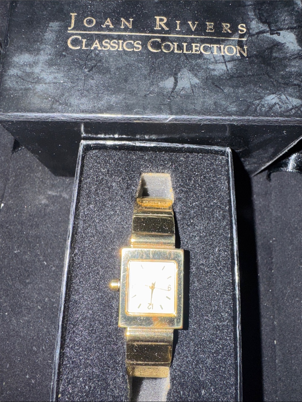 Vintage Joan Rivers Gold Tone Rectangular cuff Bracelet Watch with White Dial